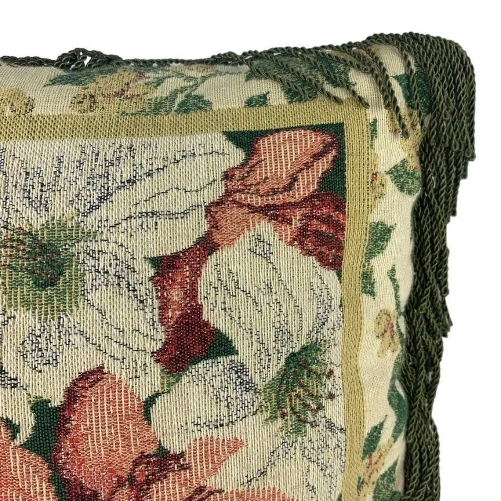 Square Floral Tapestry Throw Pillow Fringe Lillies 14.5